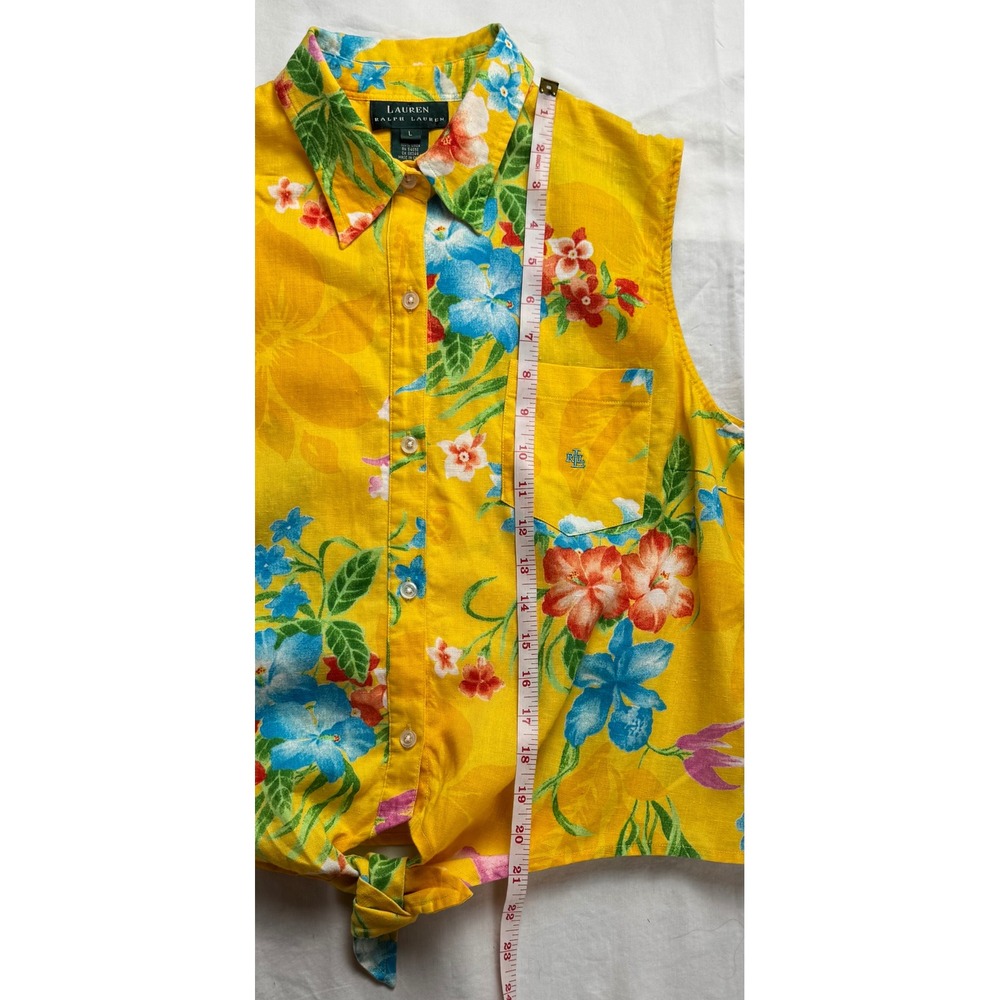 Lauren Ralph Lauren Yellow Linen Tropical Floral Tie Front Sleeveless Shirt L - Picture 4 of 11